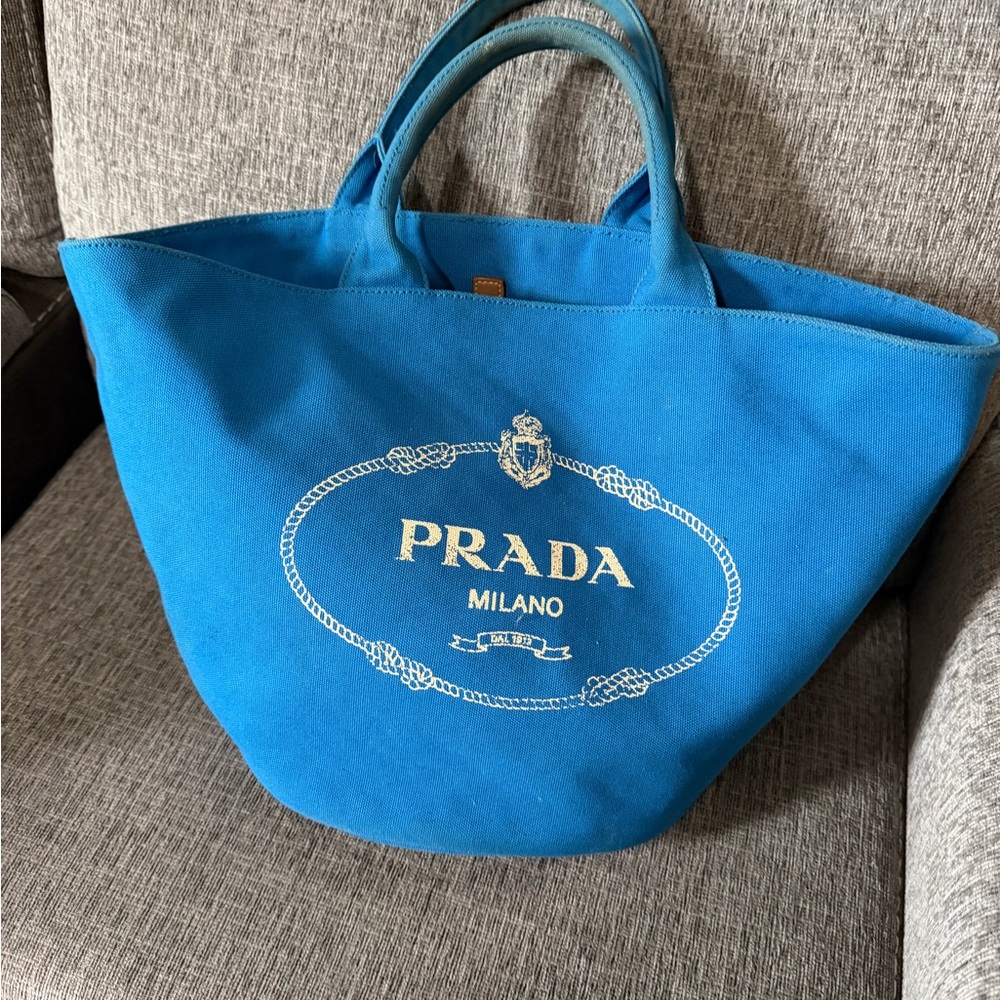 Prada Bright Blue Canvas Tote with White Logo